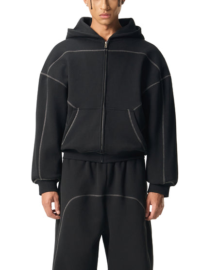 Contrast-Stitched Fleece Zip Hoodie