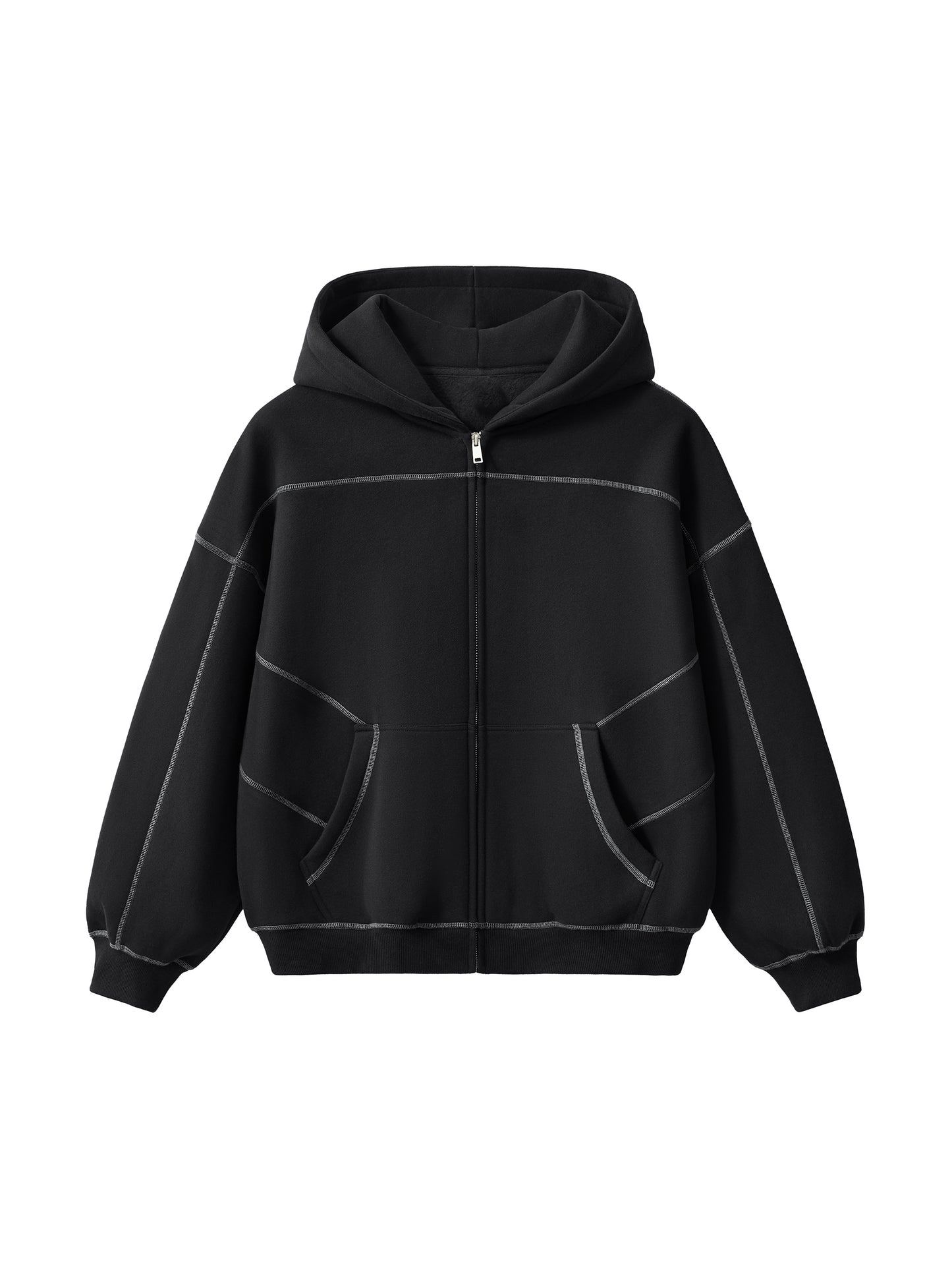 Contrast-Stitched Fleece Zip Hoodie
